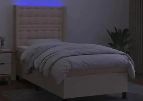 Pat cu arcuri, saltea și LED, crem, 90x190 cm, textil - 3/5