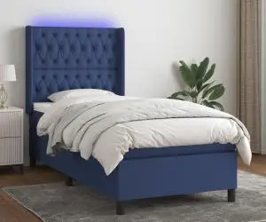 vidaXL Pat cu arcuri, saltea și LED, albastru, 90x200 cm, textil