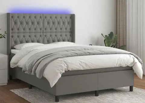 Pat cu arcuri, saltea și LED, gri închis, 140x190 cm, textil - 1/5