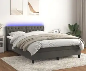 vidaXL Pat cu arcuri, saltea și LED, gri închis, 140x200 cm, catifea