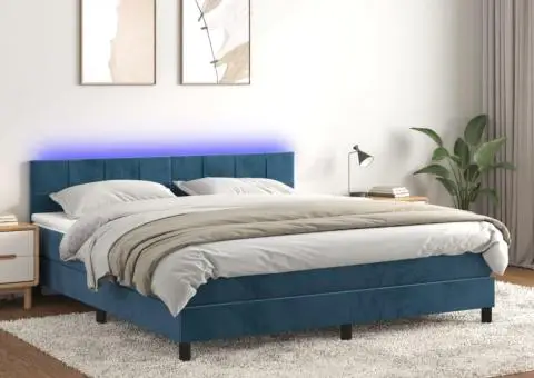 Pat cu arcuri, saltea și LED, bleumarin, 160x200 cm, catifea - 1/5