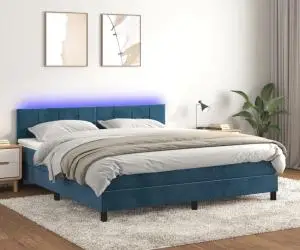 vidaXL Pat cu arcuri, saltea și LED, bleumarin, 160x200 cm, catifea