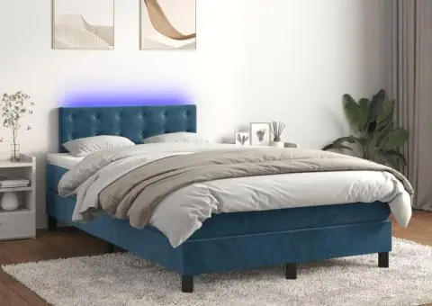 Pat cu arcuri, saltea și LED, albastru, 120x200 cm, catifea - 1/5