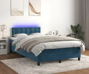vidaXL Pat cu arcuri, saltea și LED, albastru, 120x200 cm, catifea