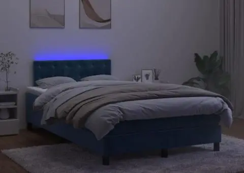 Pat cu arcuri, saltea și LED, albastru, 120x200 cm, catifea - 4/5