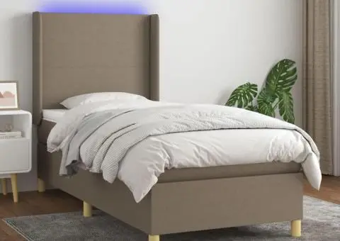 Pat cu arcuri, saltea și LED, gri taupe, 90x200 cm, textil - 1/5