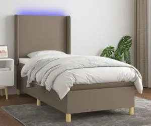 vidaXL Pat cu arcuri, saltea și LED, gri taupe, 90x200 cm, textil