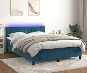vidaXL Pat cu arcuri, saltea și LED, bleumarin, 140x190 cm, catifea