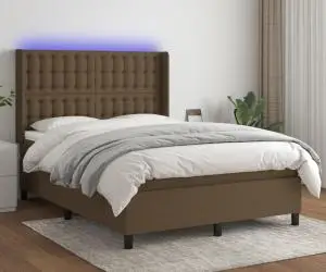 vidaXL Pat cu arcuri, saltea și LED, maro închis, 140x200 cm, textil