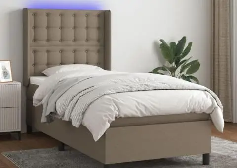 Pat cu arcuri, saltea și LED, gri taupe, 90x200 cm, textil - 1/5