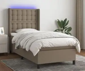 vidaXL Pat cu arcuri, saltea și LED, gri taupe, 90x200 cm, textil