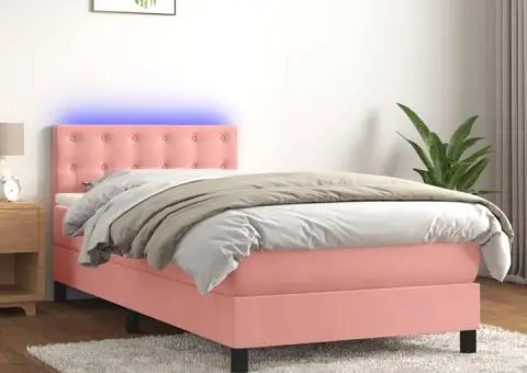 Pat continental cu saltea & LED, roz, 80x200 cm, catifea - 1/4