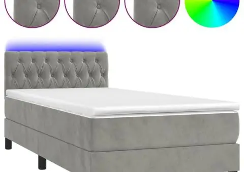 Pat cu arcuri, saltea și LED, gri deschis, 100x200 cm, catifea - 2/5
