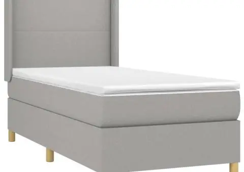 Pat cu arcuri, saltea și LED, gri deschis, 90x190 cm, textil - 4/5