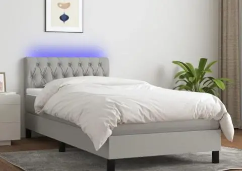 Pat cu arcuri, saltea și LED, gri deschis, 90x190 cm, textil - 1/5