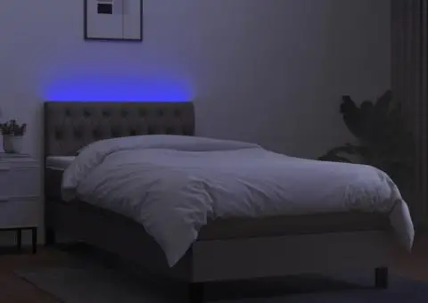 Pat cu arcuri, saltea și LED, gri taupe, 90x200 cm, textil - 4/5