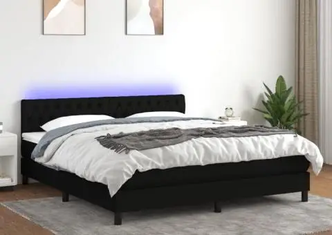 Pat cu arcuri, saltea și LED, negru, 160x200 cm, textil - 1/5