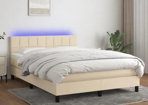 Pat cu arcuri, saltea și LED, crem, 140x190 cm, textil - 1/5