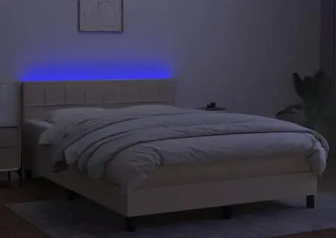 Pat cu arcuri, saltea și LED, crem, 140x190 cm, textil - 4/5