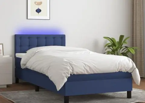 Pat cu arcuri, saltea și LED, albastru, 90x200 cm, textil - 1/5