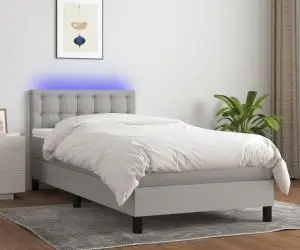 vidaXL Pat cu arcuri, saltea și LED, gri deschis, 90x200 cm, textil