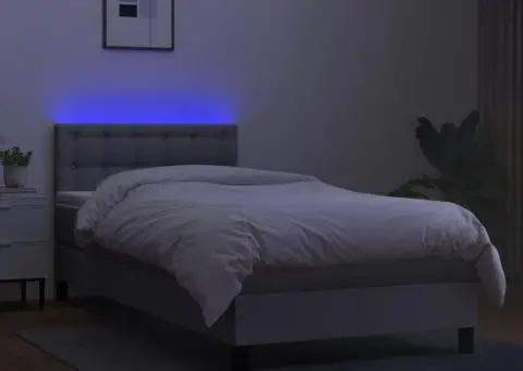 Pat cu arcuri, saltea și LED, gri deschis, 90x200 cm, textil - 4/5