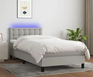 vidaXL Pat cu arcuri, saltea și LED, gri deschis, 100x200 cm, textil
