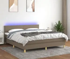 vidaXL Pat cu arcuri, saltea și LED, gri taupe, 180x200 cm, textil