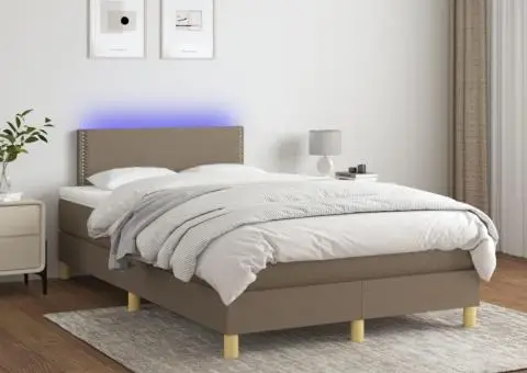 Pat cu arcuri, saltea și LED, gri taupe, 120x200 cm, textil - 1/5