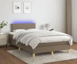 vidaXL Pat cu arcuri, saltea și LED, gri taupe, 120x200 cm, textil
