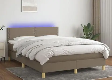 Pat cu arcuri, saltea și LED, gri taupe, 140x190 cm, textil - 1/5