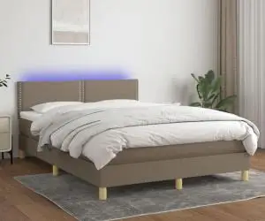vidaXL Pat cu arcuri, saltea și LED, gri taupe, 140x190 cm, textil