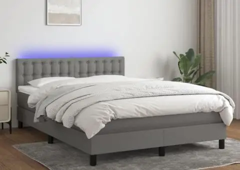 Pat cu arcuri, saltea și LED, gri închis, 140x190 cm, textil - 1/5