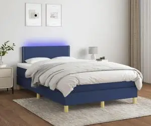 vidaXL Pat cu arcuri, saltea și LED, albastru, 120x200 cm, textil