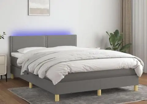 Pat cu arcuri, saltea și LED, gri închis, 140x200 cm, textil - 1/5