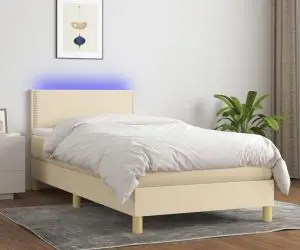 vidaXL Pat cu arcuri, saltea și LED, crem, 90x200 cm, textil