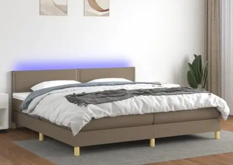 Pat cu arcuri, saltea și LED, gri taupe, 200x200 cm, textil - 2/5