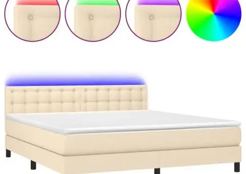 Pat cu arcuri, saltea și LED, crem, 180x200 cm, textil - 2/5