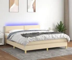 vidaXL Pat cu arcuri, saltea și LED, crem, 160x200 cm, textil