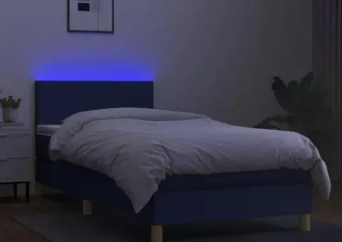 Pat cu arcuri, saltea și LED, albastru, 90x190 cm, textil - 4/5