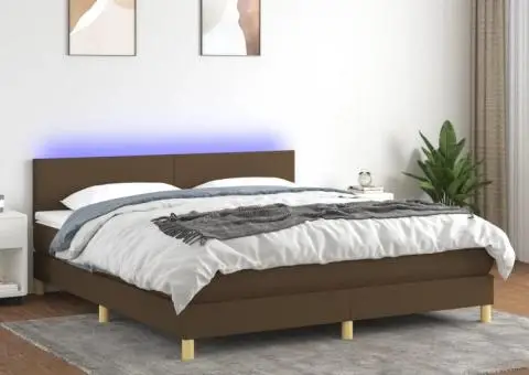 Pat cu arcuri, saltea și LED, maro închis, 160x200 cm, textil - 1/5