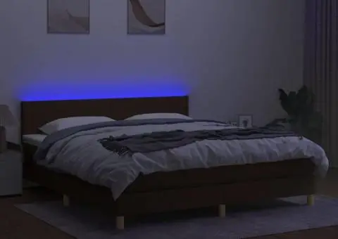 Pat cu arcuri, saltea și LED, maro închis, 160x200 cm, textil - 4/5