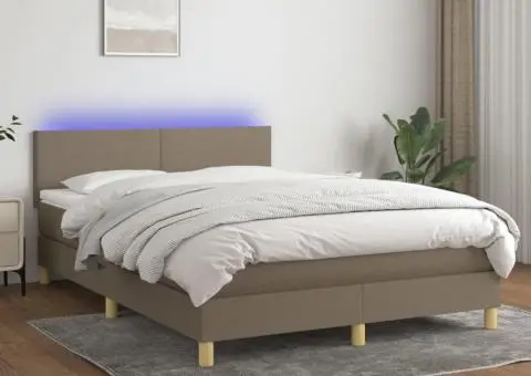 Pat cu arcuri, saltea și LED, gri taupe, 140x200 cm, textil - 1/5