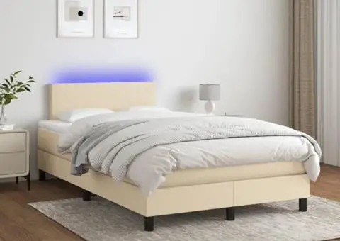 Pat cu arcuri, saltea și LED, crem, 120x200 cm, textil - 1/5