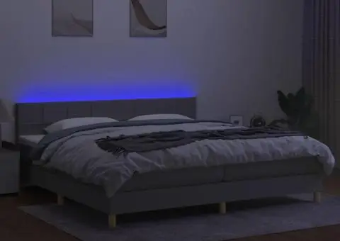 Pat cu arcuri, saltea și LED, gri deschis, 200x200 cm, textil - 4/5