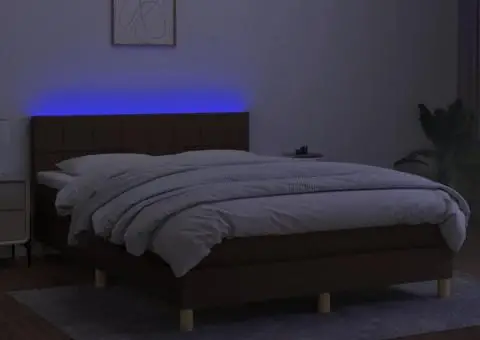 Pat cu arcuri, saltea și LED, maro închis, 140x200 cm, textil - 4/5