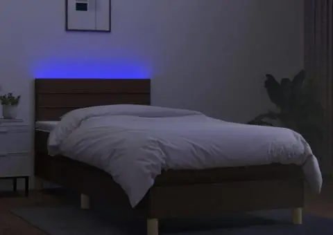 Pat cu arcuri, saltea și LED, maro închis, 90x190 cm, textil - 4/5