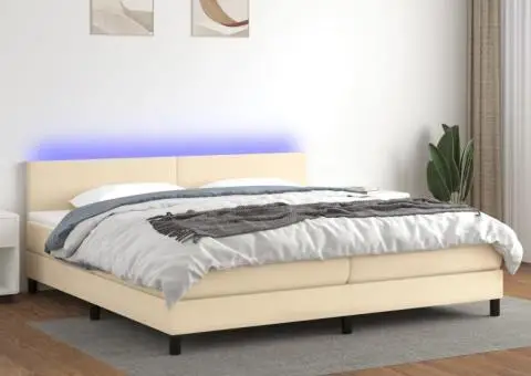 Pat cu arcuri, saltea și LED, crem, 200x200 cm, textil - 1/5