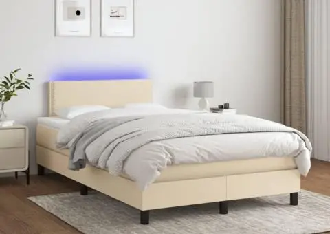 Pat cu arcuri, saltea și LED, crem, 120x200 cm, textil - 1/5