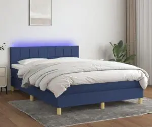 vidaXL Pat cu arcuri, saltea și LED, albastru, 140x190 cm, textil
